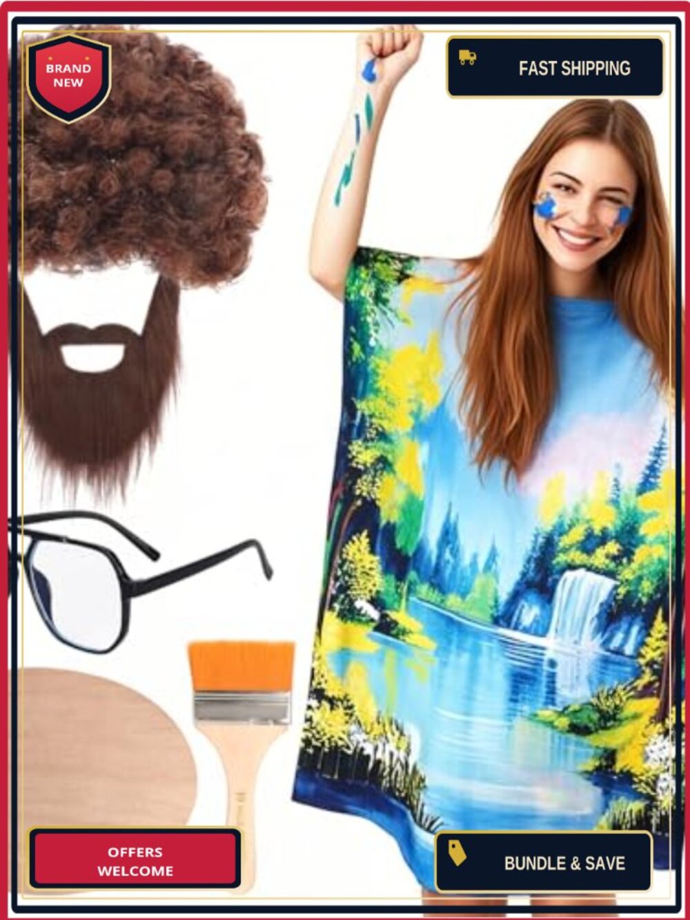 80s Painter Costume Set Afro Wig Beard Palette Brush Glasses Cosplay